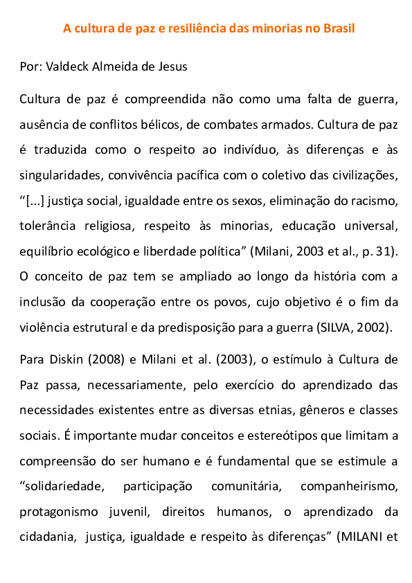  PDF A Cultura De Paz E Resili ncia Das Minorias No Brasil Valdeck