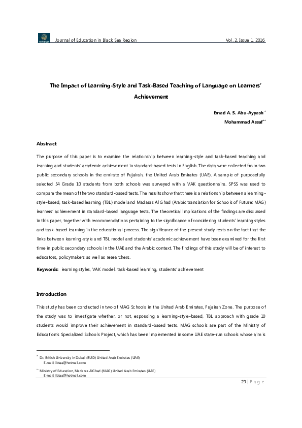 (PDF) The Impact of Learning-Style and Task-Based Teaching of Language ...