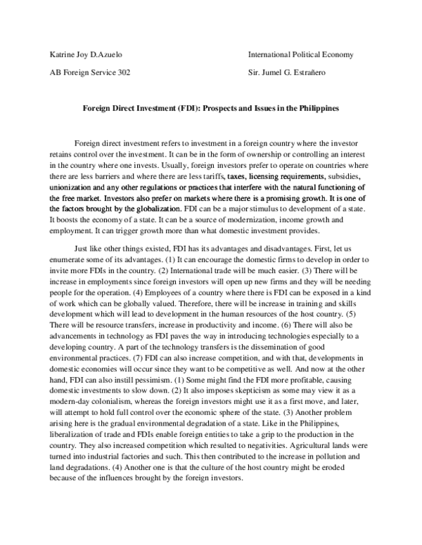 (DOC) Foreign Direct Investment (FDI): Prospects and Issues in the ...
