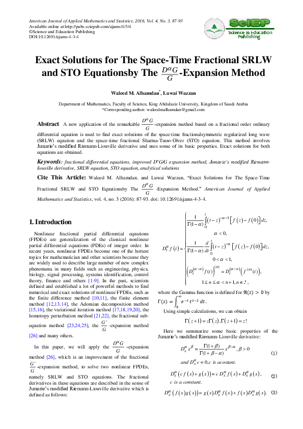 (PDF) Exact Solutions for The Space-Time Fractional SRLW and STO ...
