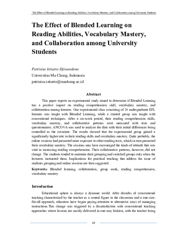 (PDF) The Effect of Blended Learning on Reading Abilities, Vocabulary ...