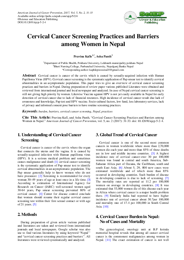 (PDF) Cervical Cancer Screening Practices and Barriers among Women in Nepal