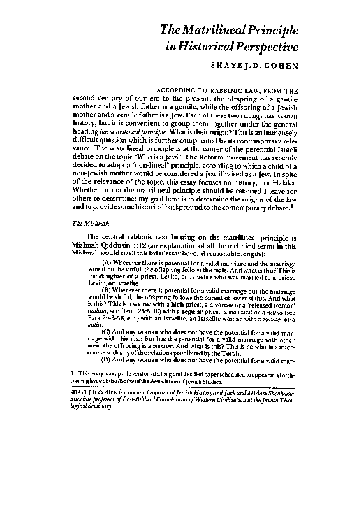 (PDF) Shaye J.D. Cohen, “The Matrilineal Principle in Historical