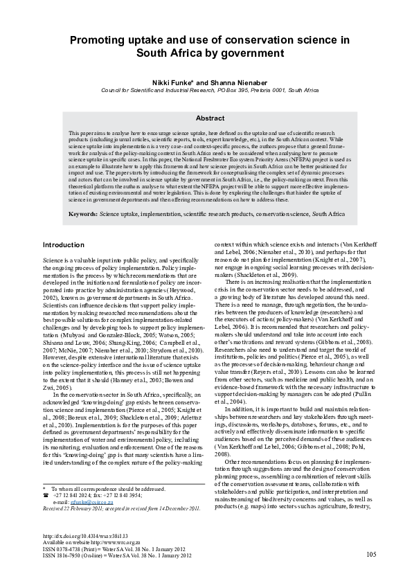 (PDF) Promoting uptake and use of conservation science in South Africa ...