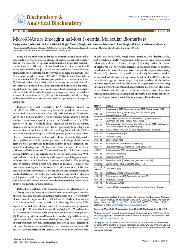 (PDF) MicroRNAs are Emerging as Most Potential Molecular Biomarkers