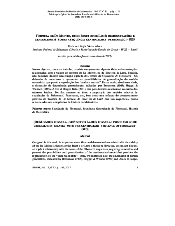 (PDF) FÓRMULA DE DE MOIVRE, OU DE OU DE LAMÉ DEMONS TRAÇÕES E