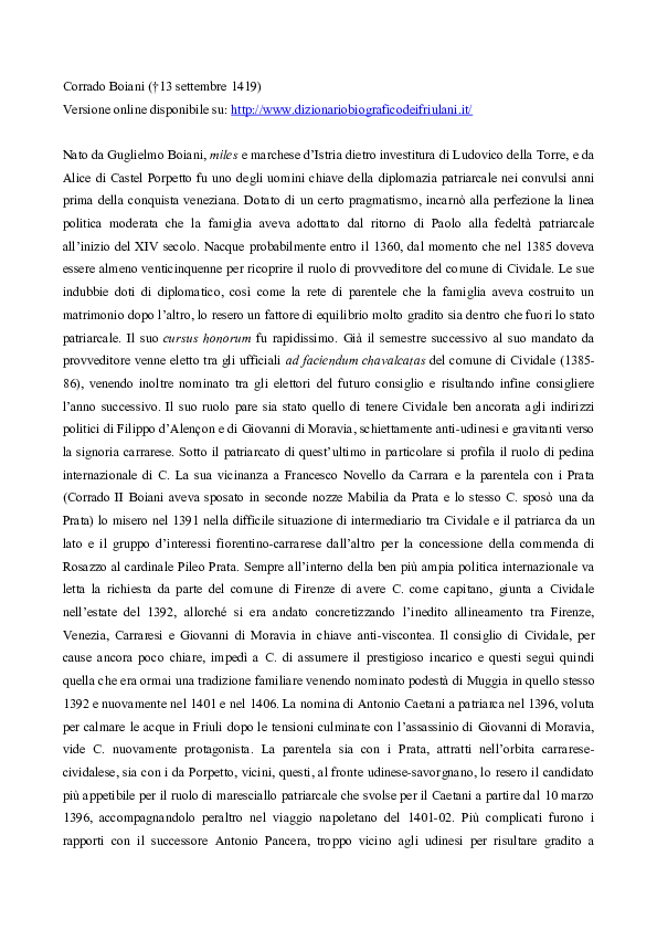 Corrado III Boiani (†13 settembre 1419), in "Dizionario Biografico dei Friulani - Nuovo Liruti on-line" (online: http://www.dizionariobiograficodeifriulani.it/ )