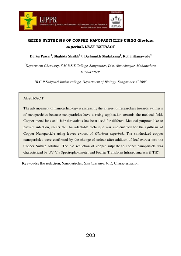 (PDF) GREEN SYNTHESIS OF COPPER NANOPARTICLES USING Gloriosa superbaL ...
