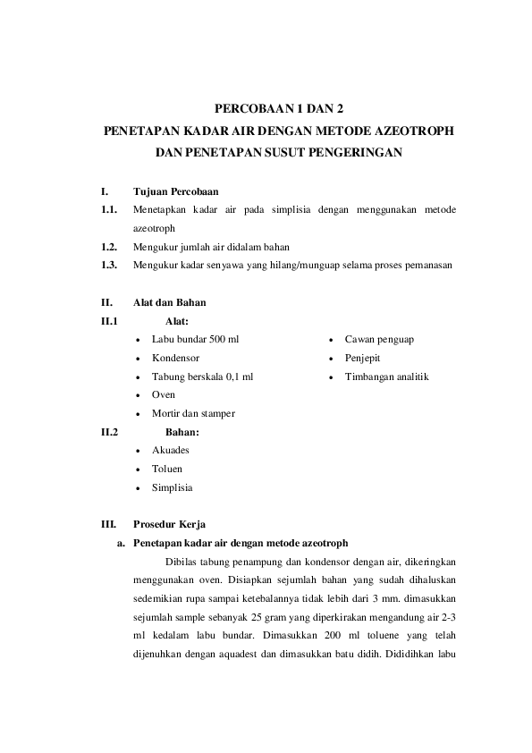 Doc Percobaan 1 Dan 2 Penetapan Kadar Air Dengan Metode Azeotroph Desianti Cahya Academia Edu