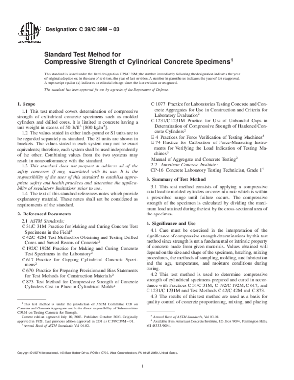 Pdf Standard Test Method For Compressive Strength Of Cylindrical