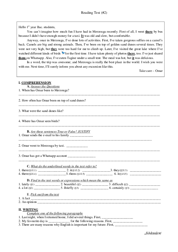 (PDF) 1 Bac Reading Test (2) Mubarak Abdessalami Academia.edu