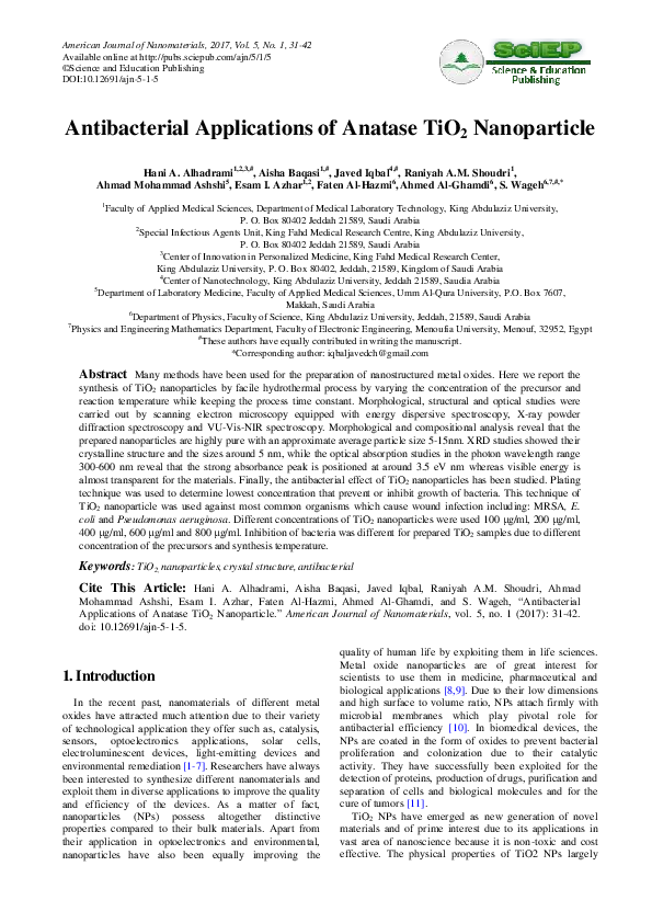 (PDF) Antibacterial Applications of Anatase TiO 2 Nanoparticle