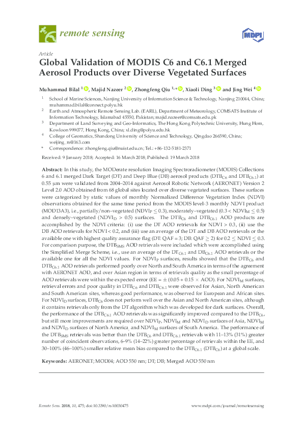 (PDF) Global Validation of MODIS C6 and C6.1 Merged Aerosol Products ...