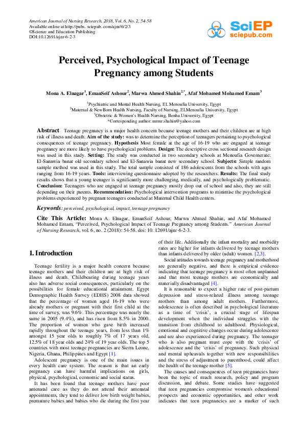 (PDF) Perceived, Psychological Impact of Teenage Pregnancy among Students