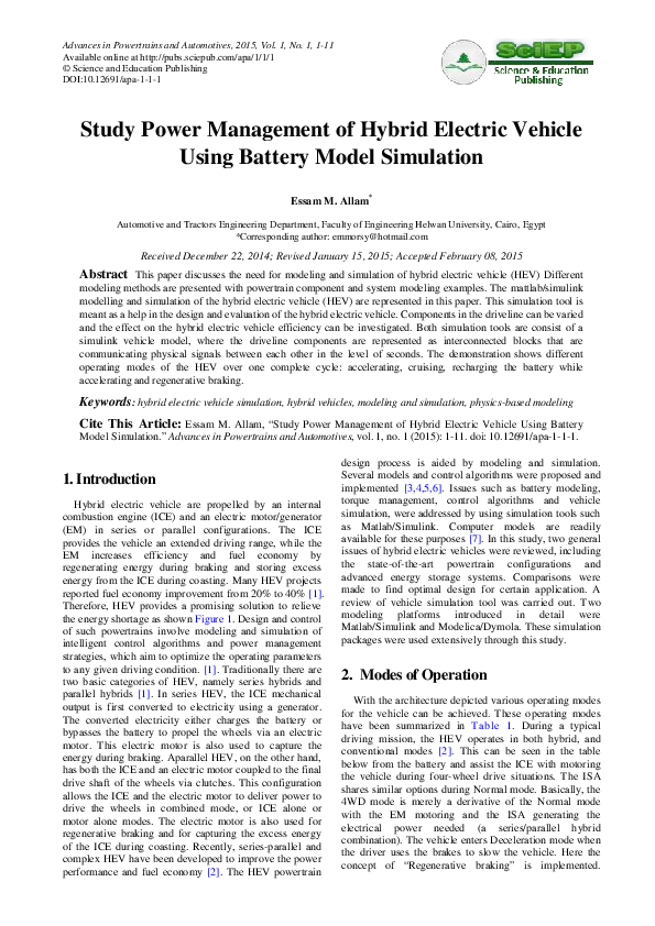 (PDF) Study Power Management of Hybrid Electric Vehicle Using Battery