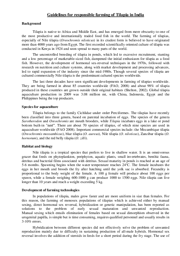 (PDF) Guidelines for responsible farming of Tilapia in India Tri