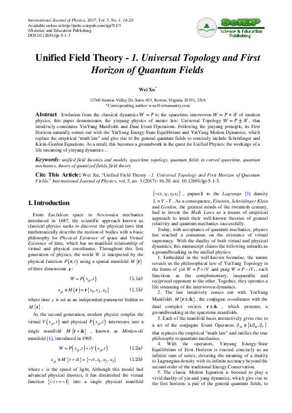(PDF) Unified Field Theory -1. Universal Topology and First Horizon of ...