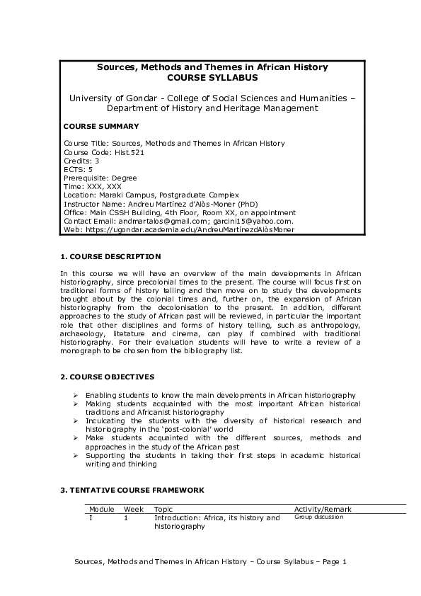 (PDF) Sources, Methods and Themes in African History COURSE SYLLABUS