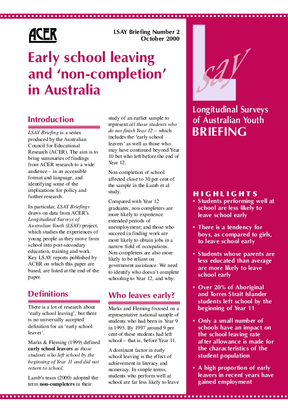 (PDF) Early School Leaving and in Australia Longitudinal Surveys of