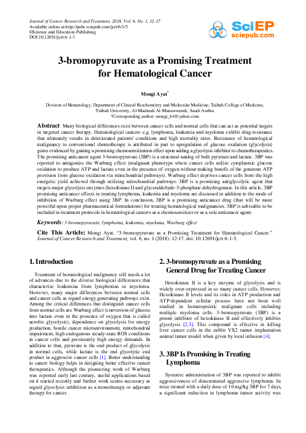 (PDF) 3-bromopyruvate as a Promising Treatment for Hematological Cancer
