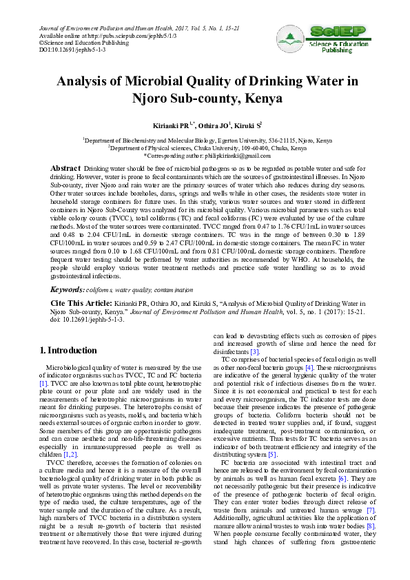 (PDF) Analysis of Microbial Quality of Drinking Water in Njoro Sub ...
