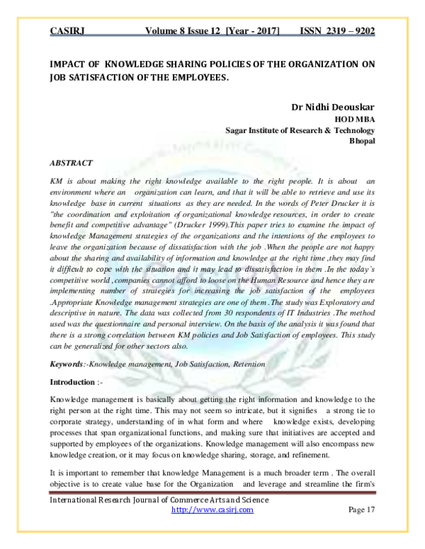 (PDF) IMPACT OF KNOWLEDGE SHARING POLICIES OF THE ORGANIZATION ON JOB ...