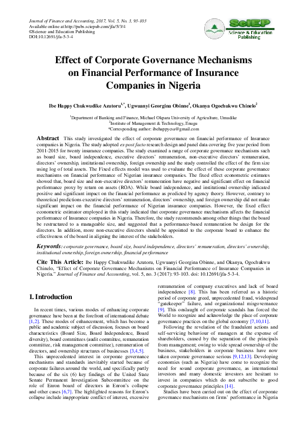 (PDF) Effect of Corporate Governance Mechanisms on Financial ...