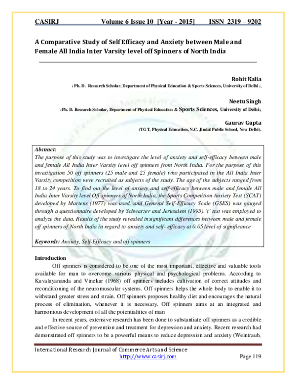 (PDF) A Comparative Study of Self Efficacy and Anxiety between Male and ...