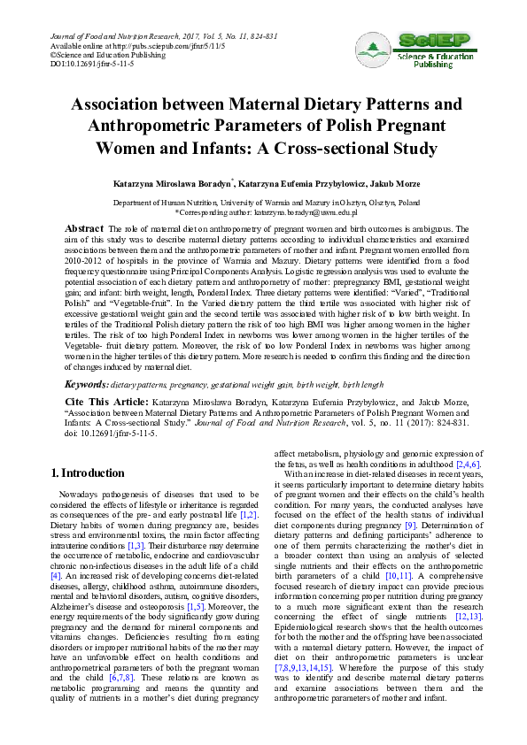 (PDF) Association between Maternal Dietary Patterns and Anthropometric ...