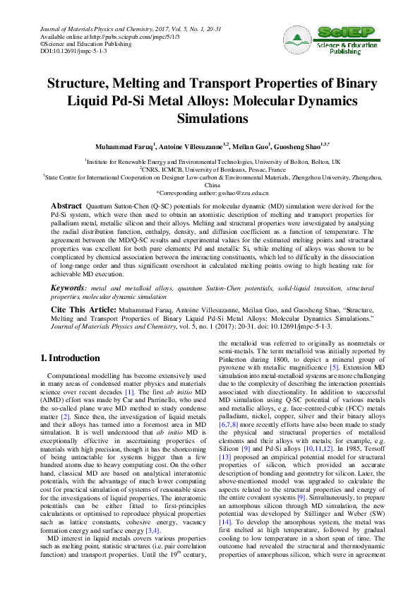 (PDF) Structure, Melting and Transport Properties of Binary Liquid Pd ...