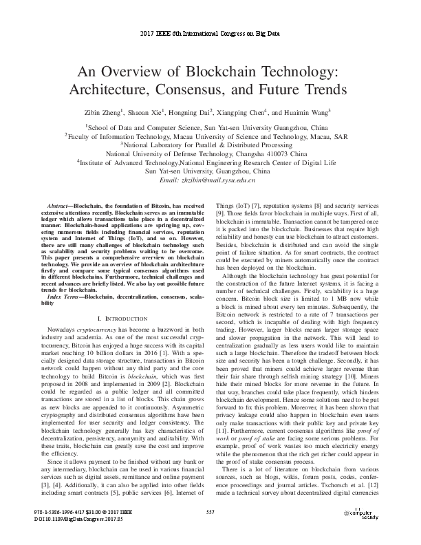 (PDF) An Overview of Blockchain Technology: Architecture, Consensus ...