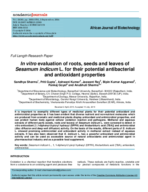 (PDF) In vitro evaluation of roots, seeds and leaves of Sesamum indicum ...