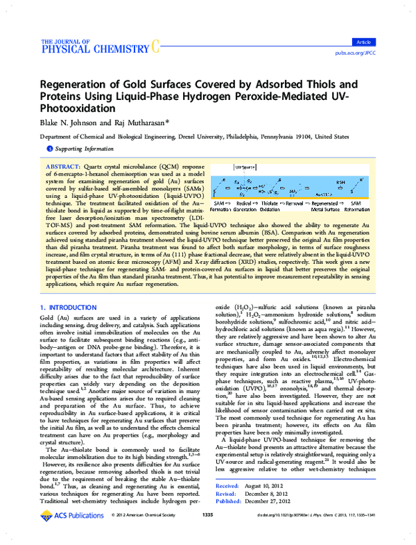 (PDF) Regeneration of Gold Surfaces Covered by Adsorbed Thiols and ...
