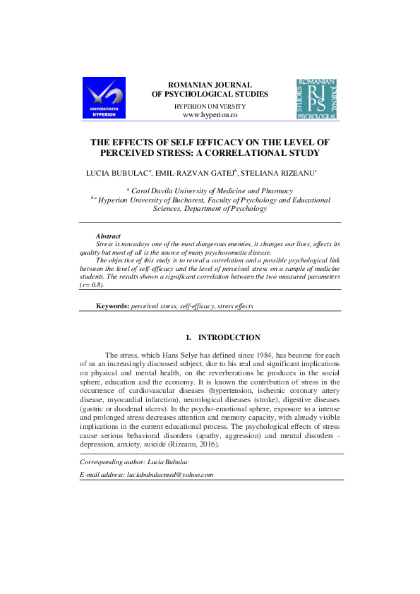 (PDF) THE EFFECTS OF SELF EFFICACY ON THE LEVEL OF PERCEIVED STRESS: A ...
