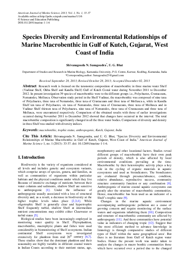 (PDF) Species Diversity and Environmental Relationships of Marine ...