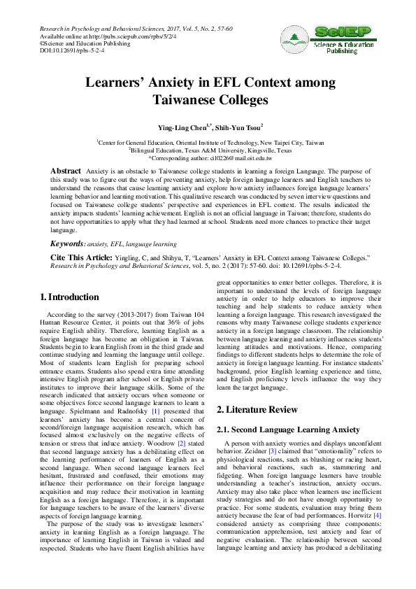 (PDF) Learners' Anxiety in EFL Context among Taiwanese Colleges