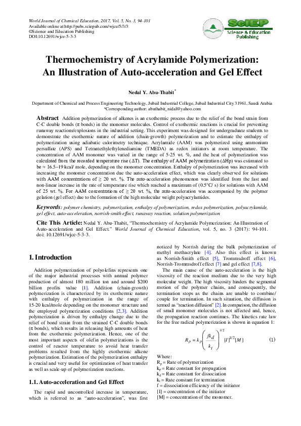 (PDF) Thermochemistry of Acrylamide Polymerization: An Illustration of ...