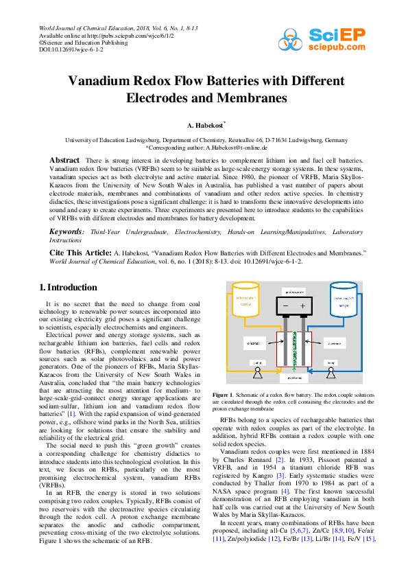 (PDF) Vanadium Redox Flow Batteries with Different Electrodes and Membranes