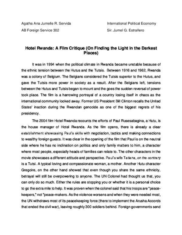 (DOC) Hotel Rwanda: A Film Critique (On Finding the Light in the ...
