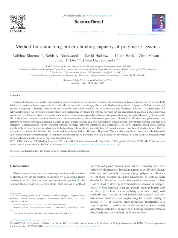 (PDF) Method for estimating protein binding capacity of polymeric systems