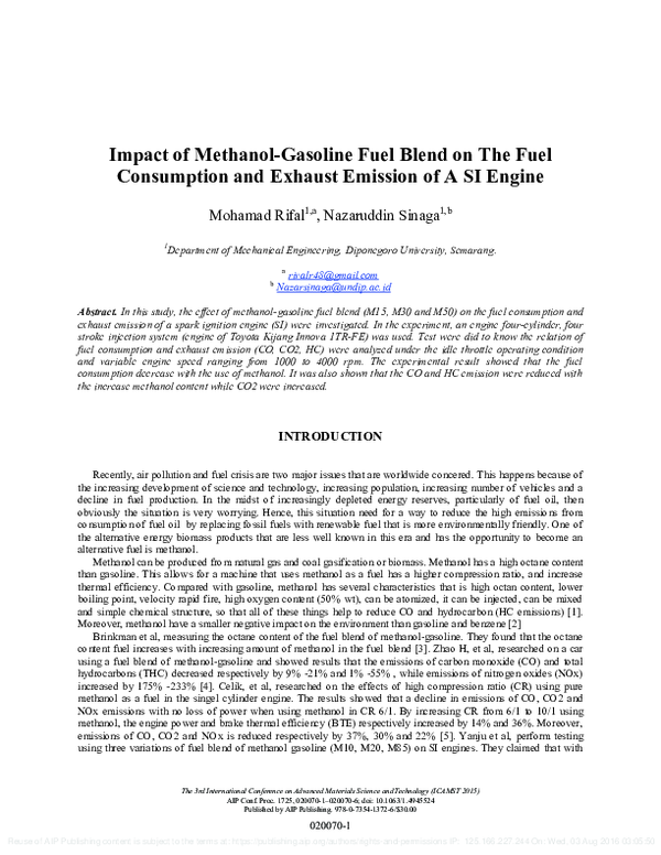 (PDF) Impact of MethanolGasoline Fuel Blend on The Fuel Consumption