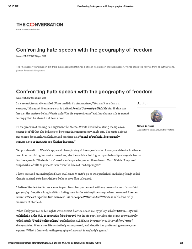(PDF) Confronting Hate Speech with the Geography of Freedom