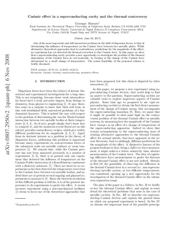 (PDF) Casimir effect in a superconducting cavity and the thermal ...
