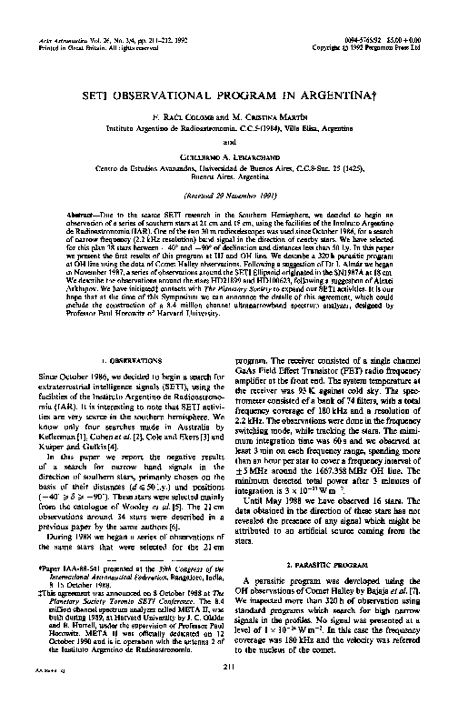 (PDF) SETI observational program in Argentina