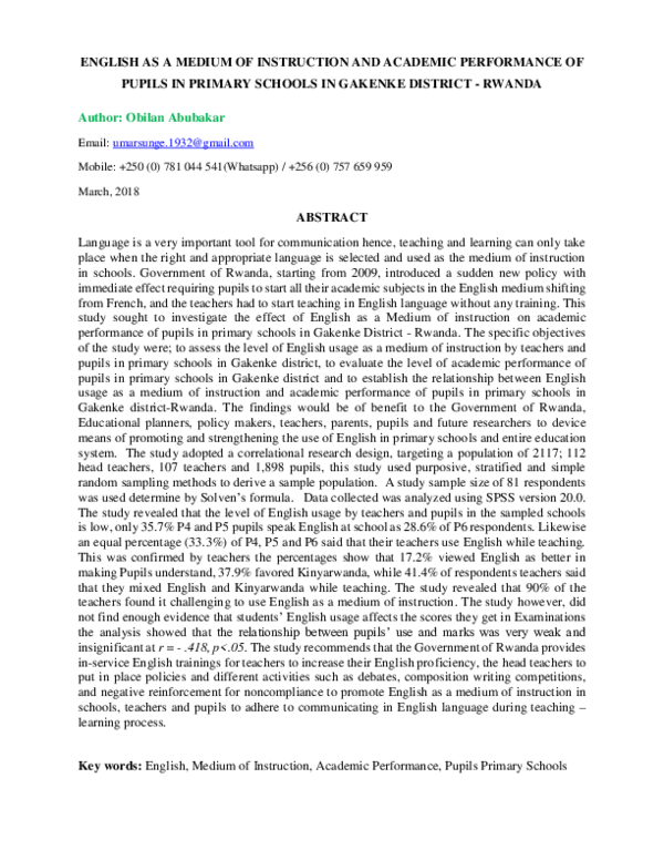 (PDF) ENGLISH AS A MEDIUM OF INSTRUCTION AND ACADEMIC PERFORMANCE OF ...