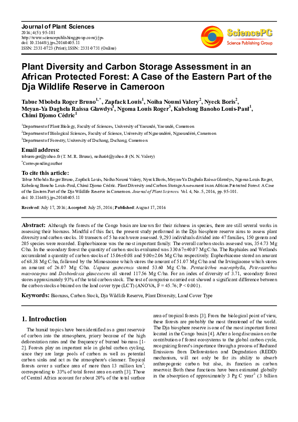 (PDF) Plant Diversity and Carbon Storage Assessment in an African ...