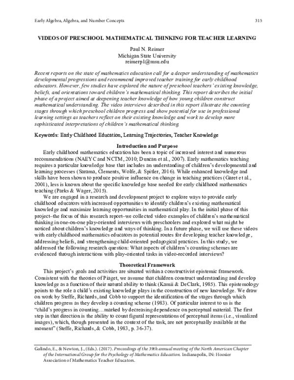 (PDF) Videos of Preschool Mathematical Thinking for Teacher Learning