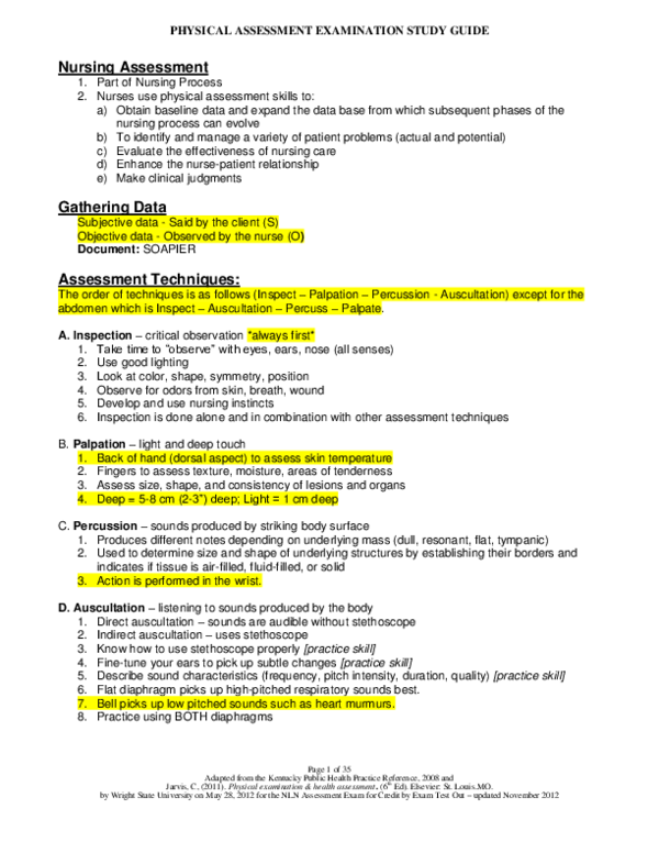 (PDF) PHYSICAL ASSESSMENT EXAMINATION STUDY GUIDE Nursing Assessment