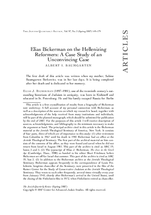 (PDF) Albert I. Baumgarten, “Elias Bickerman on the Hellenizing ...