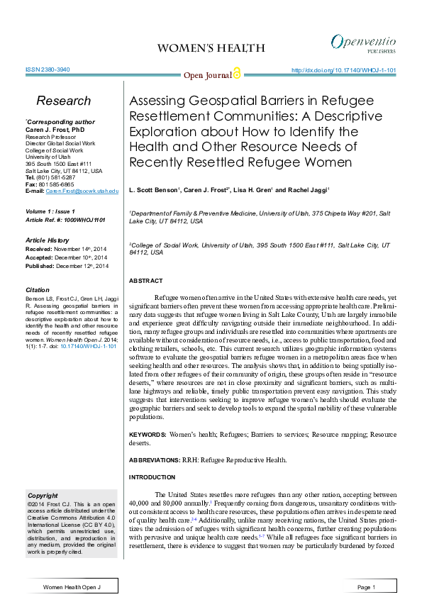 (PDF) Assessing Geospatial Barriers in Refugee Resettlement Communities